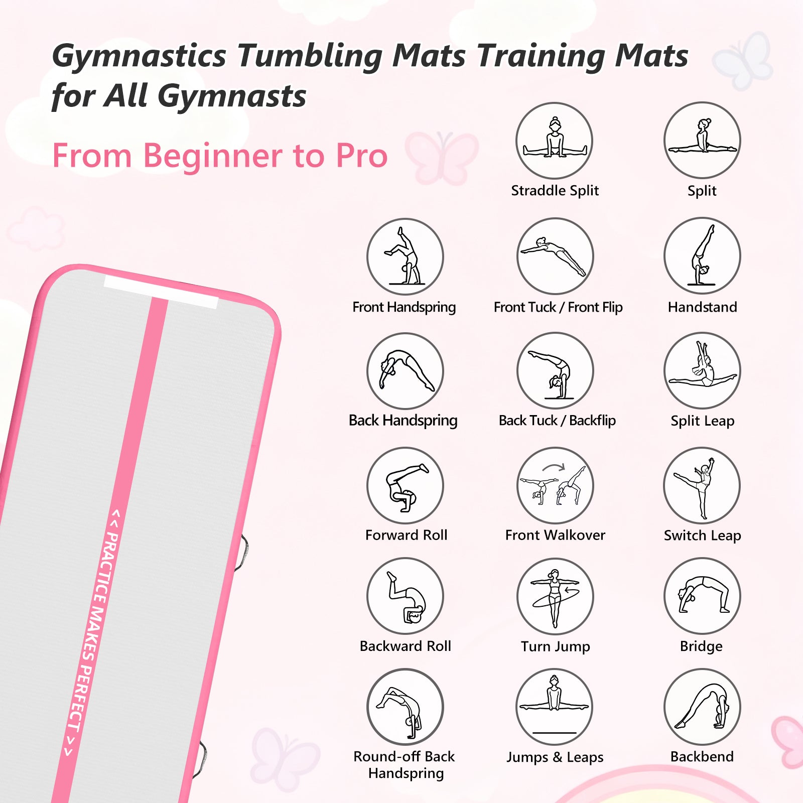VOFiTNY All Purpose Gymnastics Mat 6.6/10/13/16/20 ft Sturdy Inflatable Tumble Track for Home/Gym