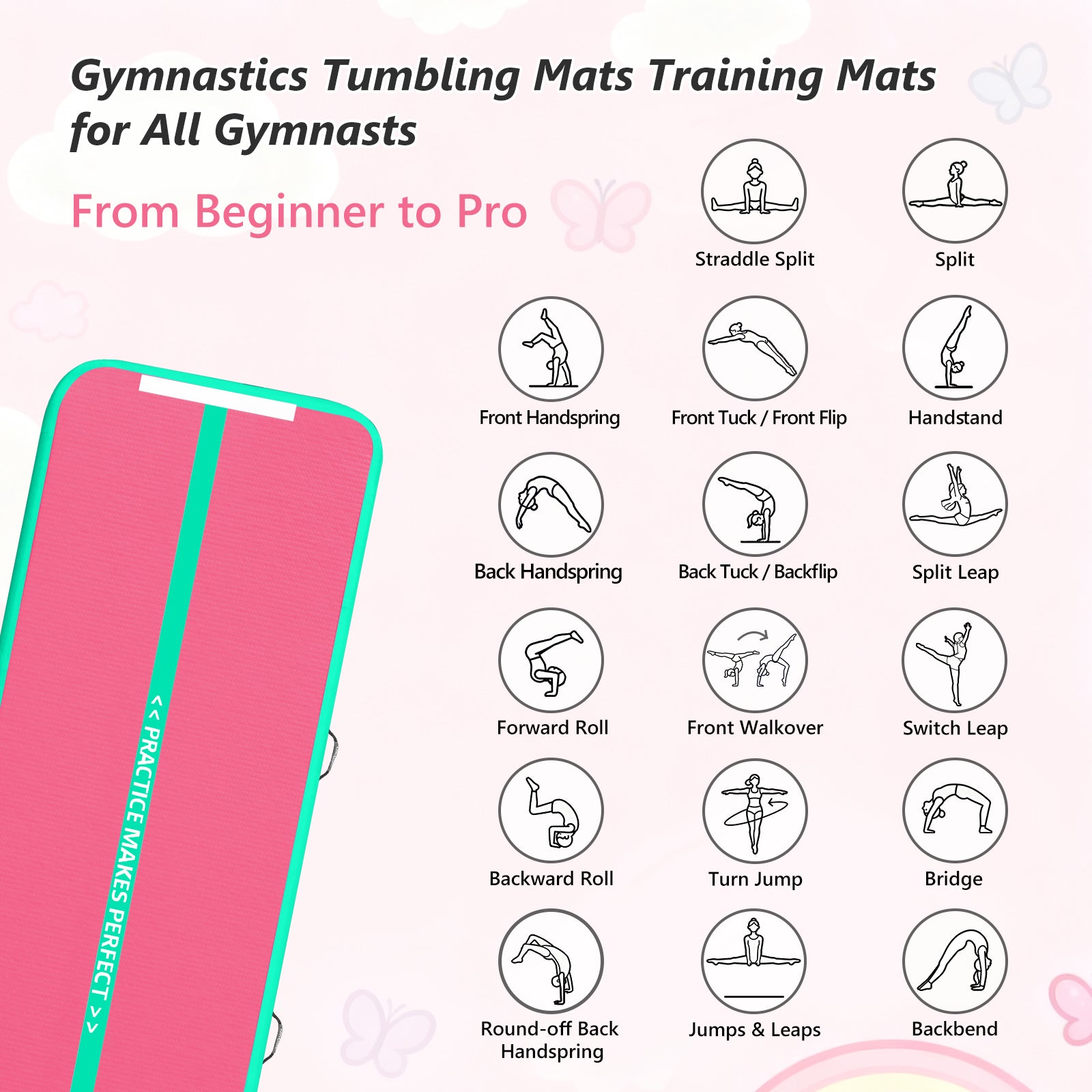 VOFiTNY Premium Gymnastics Air Track -Mint Rose